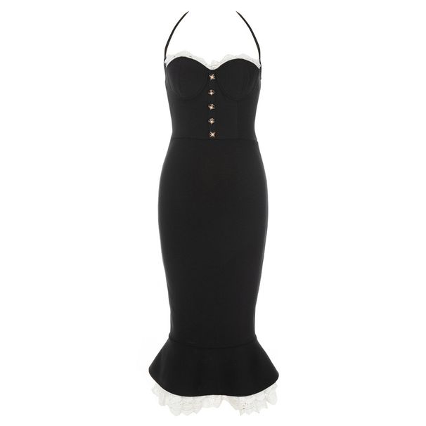 Women's bandage skirt simple sexy suspender stitching lace button fishtail slim dress_ecoleips.com