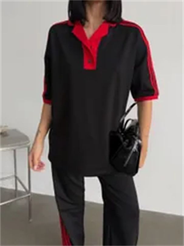 Women's Clothing Fashion New Contrast Color Suit Color Matching Polo Shirt Short Sleeved Top Lace Up Striped Trousers Two Piece Suit_ecoleips.com