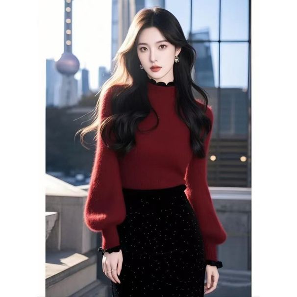 girl Red Half Turtleneck For Women, Autumn Winter Soft And Cozy Lazy Style Inner Wear Top, Zodiac Christmas New Year Knitted_ecoleips.com