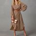 Chic Striped V-Neck Tunic Dress – Flowy Long Sleeve Shirt Dress With Lantern Sleeves (S-XXXL, Dark Brown)_ecoleips.com