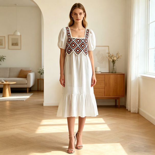 Vintage Bohemian Style Crochet Square Neck Dress, Summer Breathable Loose Slimming Mid-Length Elegant White Dress_ecoleips.com