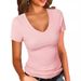 Women's Clothing Slim Fit Solid Color T-Shirt V Neck Short Sleeve Patchwork Design Summer Sexy Top_ecoleips.com