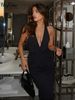 Hugcitar Solid V Neck Halter Sleeveless Backless Ruched Sexy Bodycon Maxi Dress 2025 Spring Fashion Outfits Party Festival_ecoleips.com