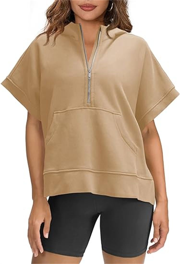 Women's Clothing Women's Oversized Half Zip Hoodie Short Sleeve Casual Sweatshirt Pullover Top With Pockets_ecoleips.com