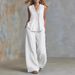 Women's Fashion Casual Solid Color Two Piece Set V Neck Gathered Loose Sleeveless Top with Casual Trousers European And American Style_ecoleips.com