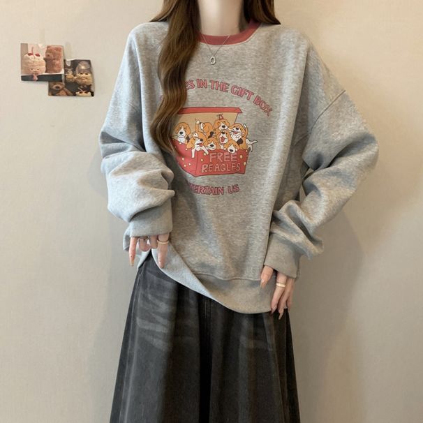 European American Fleece-lined Thickened Hoodless Crew Neck Pullover Sweatshirt For Women, 2024 Autumn And Winter New_ecoleips.com