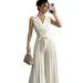 Women's Clothing Suit Collar Dress Color V Neck Tie Waist Pleated Skirt_ecoleips.com