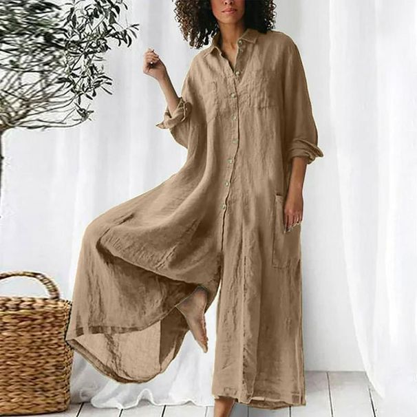 Women's Clothing Women's Loose Fit Cotton Linen Shirt Jumpsuit Style Solid Color Casual Long Sleeved Mid Length_ecoleips.com