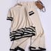 Women's European Style Color Blocked Striped Split Short Sleeve Knit Top And Slimming Wide Leg Pants Two Piece Set_ecoleips.com