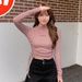 Peach Lettering Drawstring Fitted Long Sleeve T-Shirt For Women - Soft Stretch Polyester Blend, Trendy Casual Top_ecoleips.com