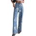 American Retro Blue Floral Print Jeans For Women Summer New Design High Waist Straight Wide Leg Long Pants_ecoleips.com