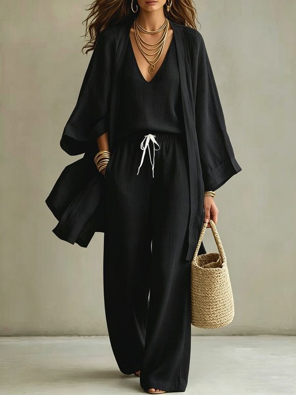 Women's 3-Piece Loungewear Set: Long Sleeve Cardigan, Sleeveless Tank Top And Wide-Leg Pants Breathable Linen-Like Casual Outfit For Spring And Summer_ecoleips.com