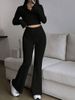 Fashion Solid Color Ribbed Two-Piece Zipper Long Sleeve Short Top And High Waist Flared Pants Set Women's Casual_ecoleips.com