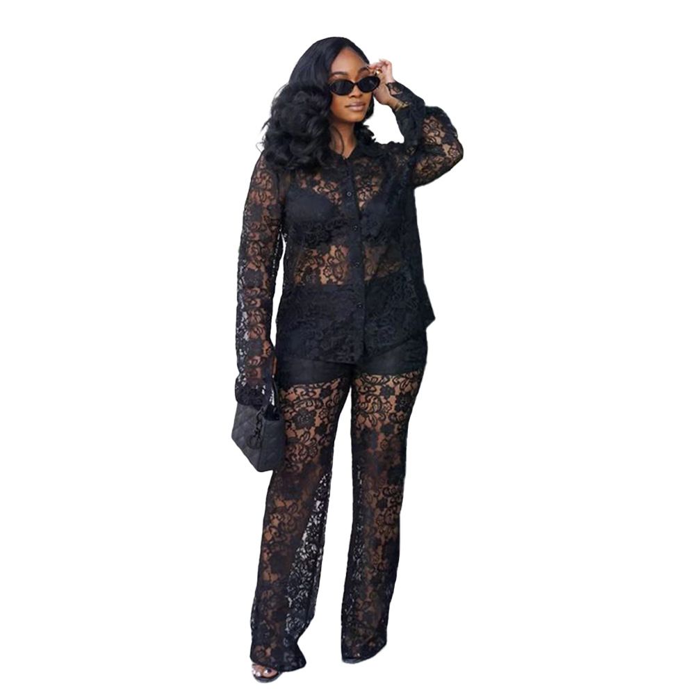 Women's Clothing Sexy Lace Patterned Lace-Trimmed Sheer Blazer & Pants Set – Long Sleeve Sexy Office-to-Club Outfit (Black/White, S-XXL)_ecoleips.com