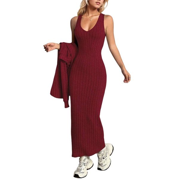 Voya Women's High-end Solid Color Temperament Commuting Light Mature Style Knitted Suspender Dress Two-piece Set_ecoleips.com