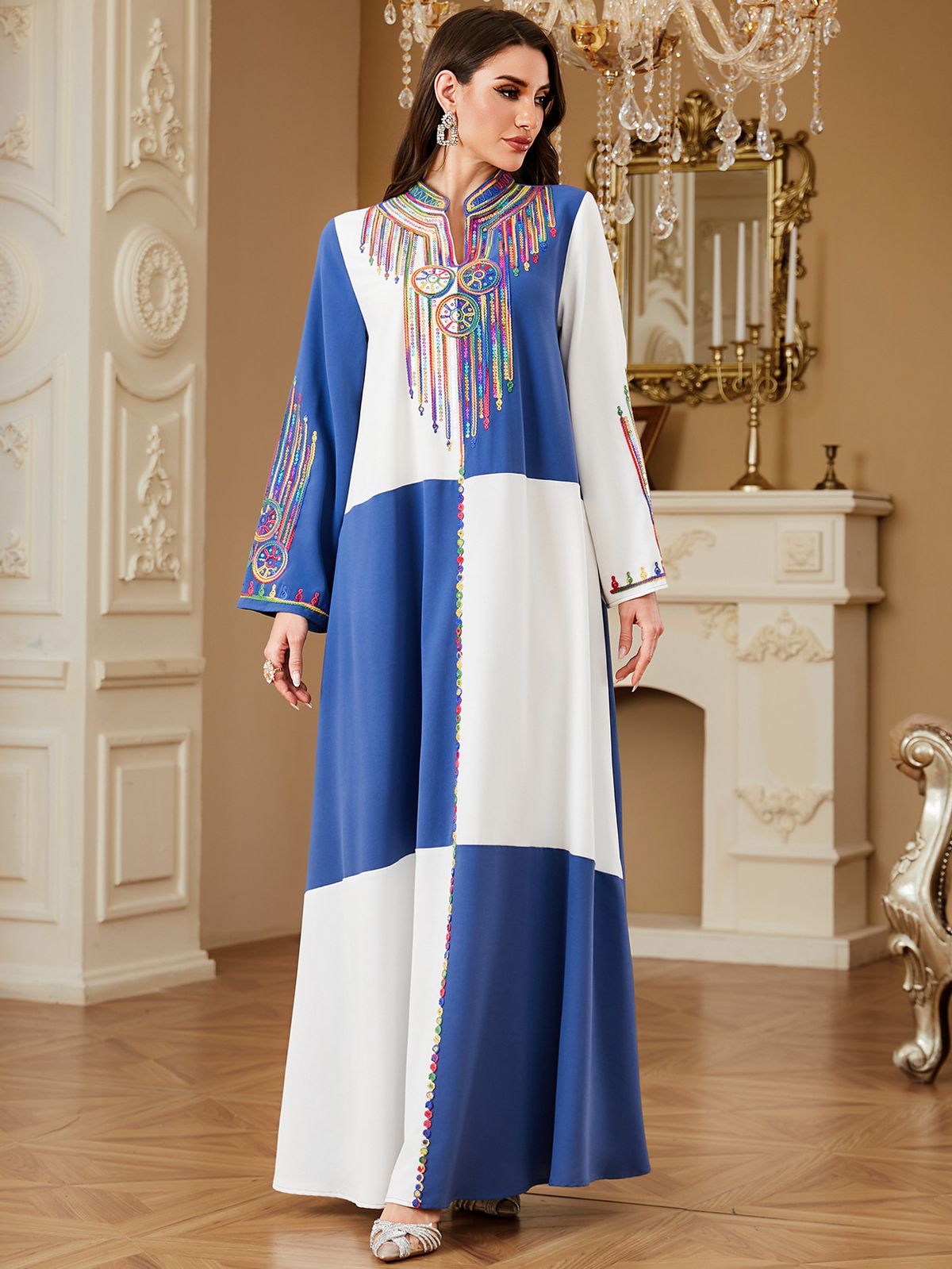 Women's Elegant Long Robe Dress Color Block Embroidered Fashionable Loose Fit European And American Style_ecoleips.com