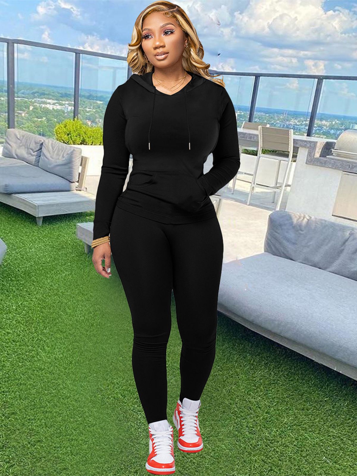 Women's Clothing Women's Fashion Loose Velvet Hooded Long Sleeves Large Pocket Zipper Straight Pants Suit_ecoleips.com