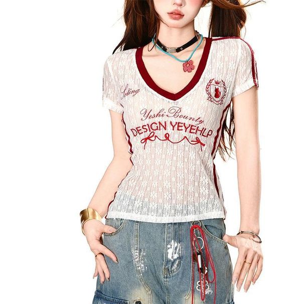 Retro Front Shoulder New Short-sleeved Contrasting Color Splicing Spice Girl Embroidery Pink Slim-fitting American Summer Slim Short Top_ecoleips.com
