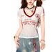 Retro Front Shoulder New Short-sleeved Contrasting Color Splicing Spice Girl Embroidery Pink Slim-fitting American Summer Slim Short Top_ecoleips.com