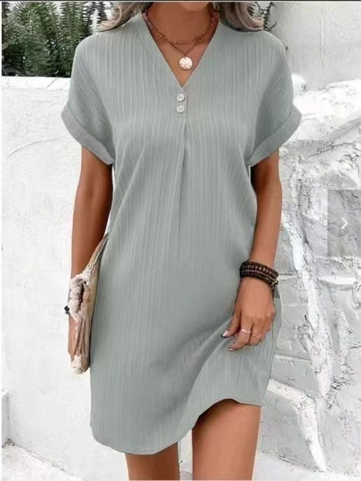 Women's Clothing Women's V Neck Pullover Dress Solid Color Button Detail Casual Comfortable Style For Formal & Casual For Women_ecoleips.com