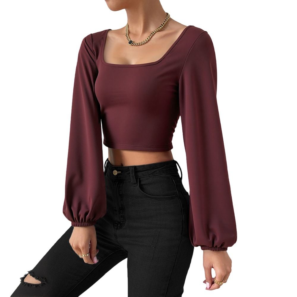 Voya Women's New Wine Red Square Neck Short Knitted Top For Spring And Summer, Long Sleeved Retro Lantern Sleeves, Slim Fit Bottom Shirt_ecoleips.com