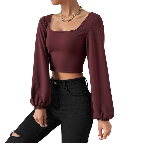 Voya Women's New Wine Red Square Neck Short Knitted Top For Spring And Summer, Long Sleeved Retro Lantern Sleeves, Slim Fit Bottom Shirt_ecoleips.com
