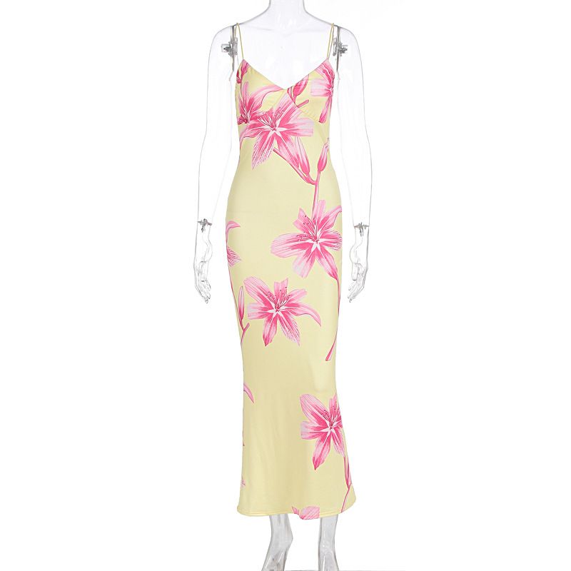 Sexy Fashion Printed Suspender V Neck Backless Slimming Bodycon Dress Casual Summer Party Beach Vacation Women Slip Dress_ecoleips.com