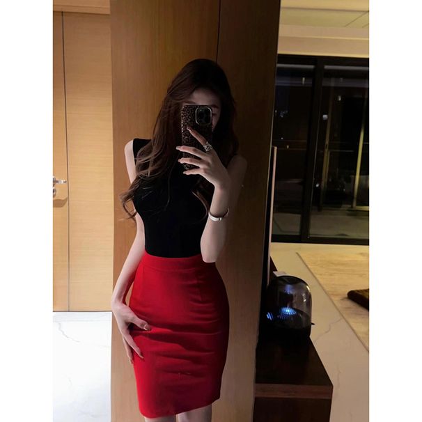 2025 Winter New Women's Set Hot Girl Style Sexy Slim Sleeveless Base Shirt High Waist Slimming Bodycon Short Skirt_ecoleips.com