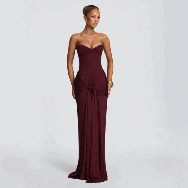 Elegant Style Women's Strapless Long Dress Solid Color Halter Neck Design Sexy Tie Up Slim Fit Fashion Dress_ecoleips.com