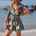 Women's Loose Printed Jumpsuit Neck Belt Short Skirt Pants Ruffled Sleeve Beach Vacation Fashion_ecoleips.com
