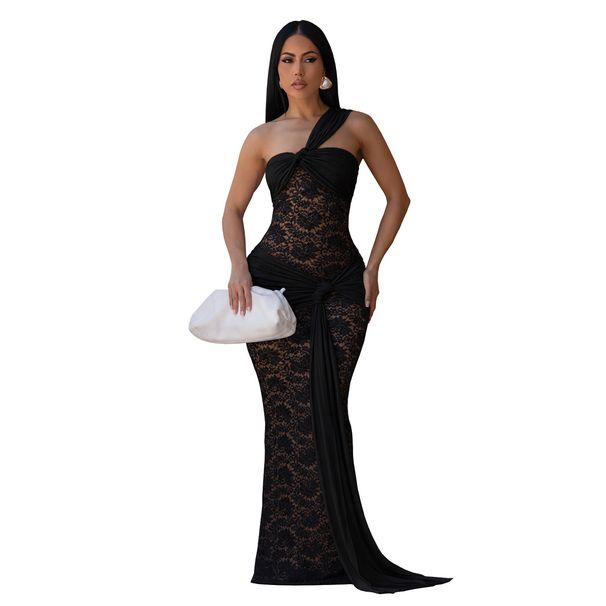 Fashion Women's Sexy Lace Off-Shoulder Ribbon Bodycon Dress Elegant Casual Maxi Dress for Women_ecoleips.com