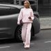 Women's Knit Sweater Set With Printed Design - Soft Cotton Blend Pullover & Straight Leg Pants In Pink, Yellow, Brown_ecoleips.com