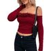 Voya Women's Sexy Christmas Wine Red T-shirt For Spring And Summer 2026 New Style One Shoulder Fur Collar Top_ecoleips.com