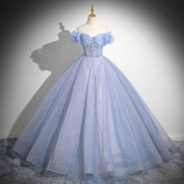 Women's Clothing One Shoulder Light Blue Vocal Art Exam Performance Dress Solo Puffy Skirt Princess Coming Of Age Ceremony Host Annual Meeting Dress_ecoleips.com