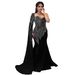 Women's Black Fishtail Evening Dress With Long Sleeves & Shawl - Elegant Diamond-Embellished Formal Gown_ecoleips.com
