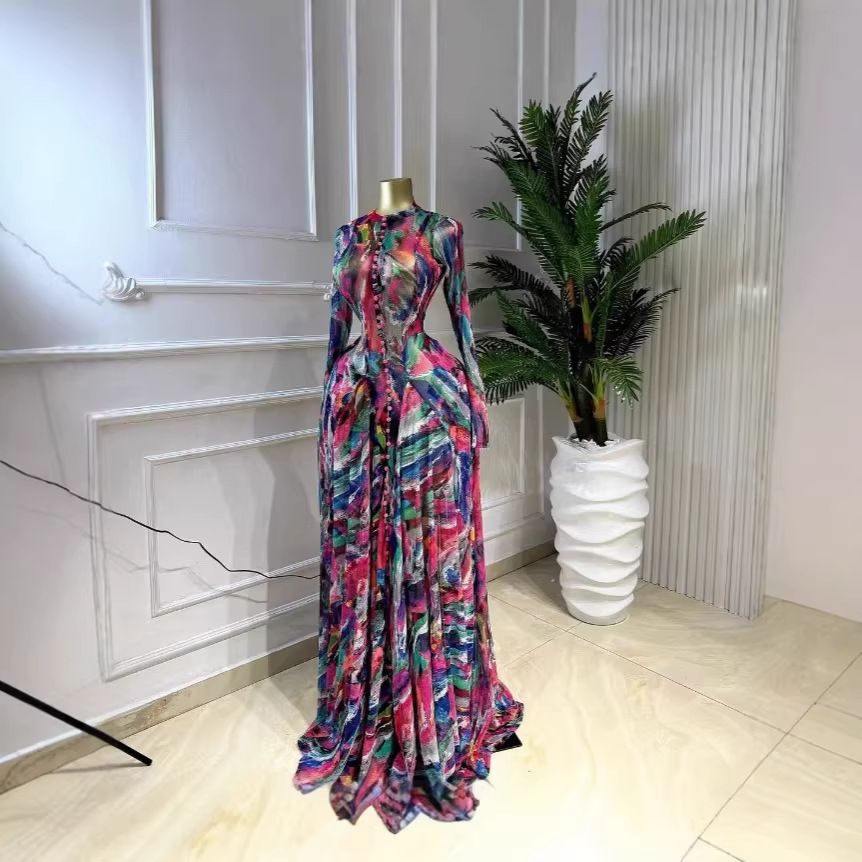 In Stock 2026 Cross-border INS European And American Women's Long-sleeve Mesh Sexy Tie-dye Printed Long Dress Gown_ecoleips.com