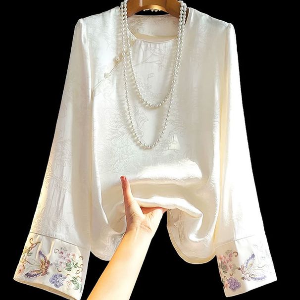 New Chinese-style Round-neck Shirt For Women, Spring Season, Traditional Chinese Style, Elaborate Embroidery, Jacquard,_ecoleips.com