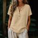 Women's Casual Solid Color Cotton Linen Blend Short Sleeve Top V Neck Button Down Half Open T-Shirt_ecoleips.com