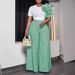 Women's Clothing round neck short sleeve striped contrast color wide leg pants two piece set_ecoleips.com