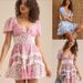 Women's Clothing New French Retro Blue And White Porcelain Floral Lace Splicing V Neck Waist Bubble Short Sleeve Dress_ecoleips.com