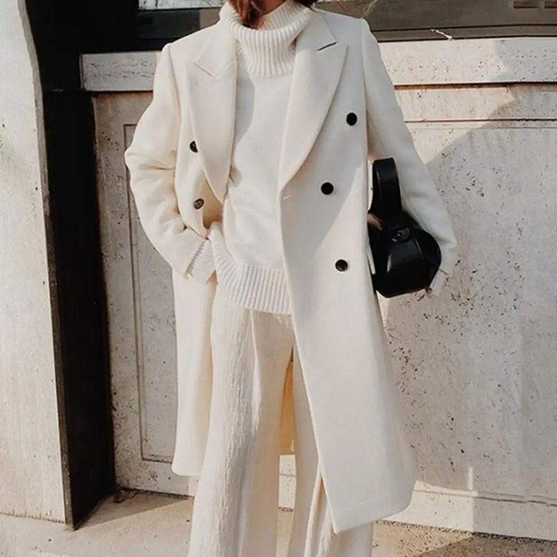 Women's Clothing Long Sleeved Lapel Solid Color Double Breasted Slim Fitting Coat_ecoleips.com