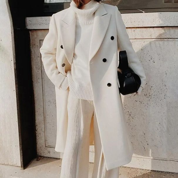Women's Clothing Long Sleeved Lapel Solid Color Double Breasted Slim Fitting Coat_ecoleips.com