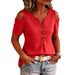 Summer Women's Elegant V Neck Off Shoulder T-Shirt Button Down Short Sleeved Top Fashionable American Style_ecoleips.com