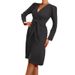 Women's Fashion Mid‑Length Dress Long Sleeve Pullover V‑Neck Zip Closure Solid Color Belted Waist Casual Daily Wear_ecoleips.com
