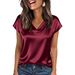 Women's Fashion Satin Top V Neck Short Sleeve Solid Color Spring Summer New Versatile Clothing_ecoleips.com