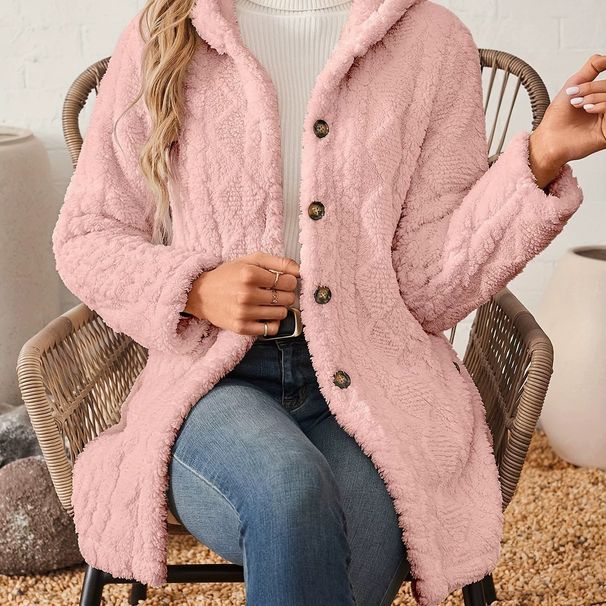 Women's Button-Down Hooded Teddy Coat Casual Long Warm Outerwear Spring/Autumn Polyester_ecoleips.com