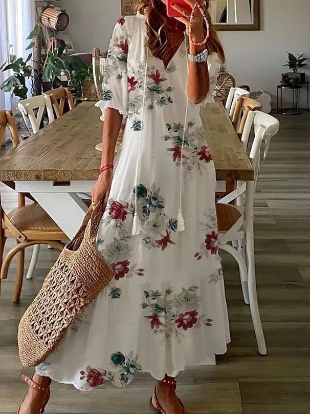 Women's Flowy V-Neck Printed Maxi Dress – Boho Chic Tiered Hem Midi Dress With 3/4 Sleeves (Multiple Colors, S-Xxxl)_ecoleips.com