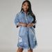 Boho Distressed Denim Jacket – Oversized Long Sleeve With Fringe & Notch Collar (Dark Blue/Light Blue, L-4XL)_ecoleips.com