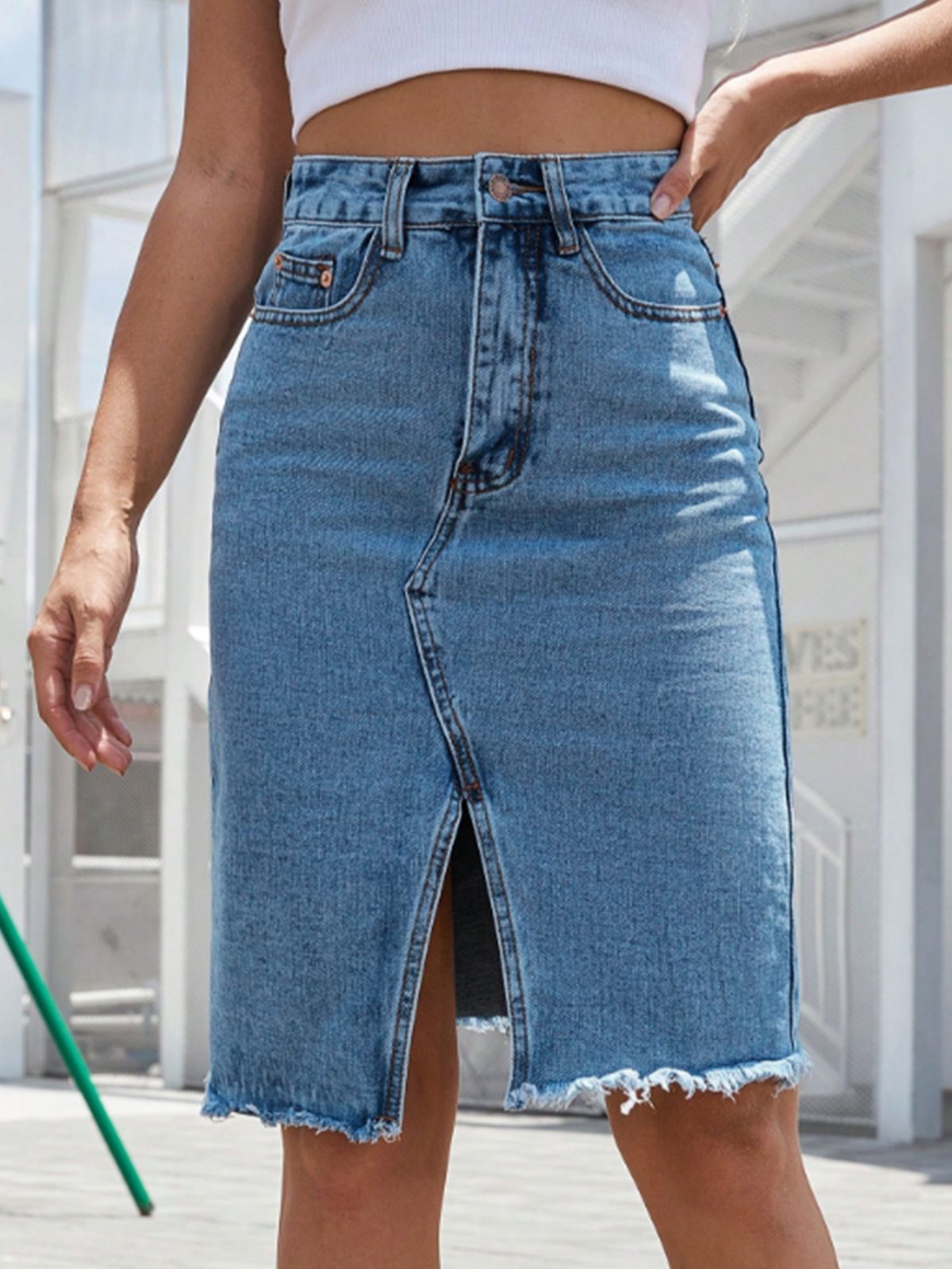 Verve 28-30933#Women's High-Waisted Mid-Length Bodycon Split Denim Skirt_ecoleips.com