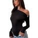 Chic Off-Shoulder Long Sleeve Bodysuit With Tie Detail - Stretchy High-Waisted Jumpsuit For Women, Black_ecoleips.com